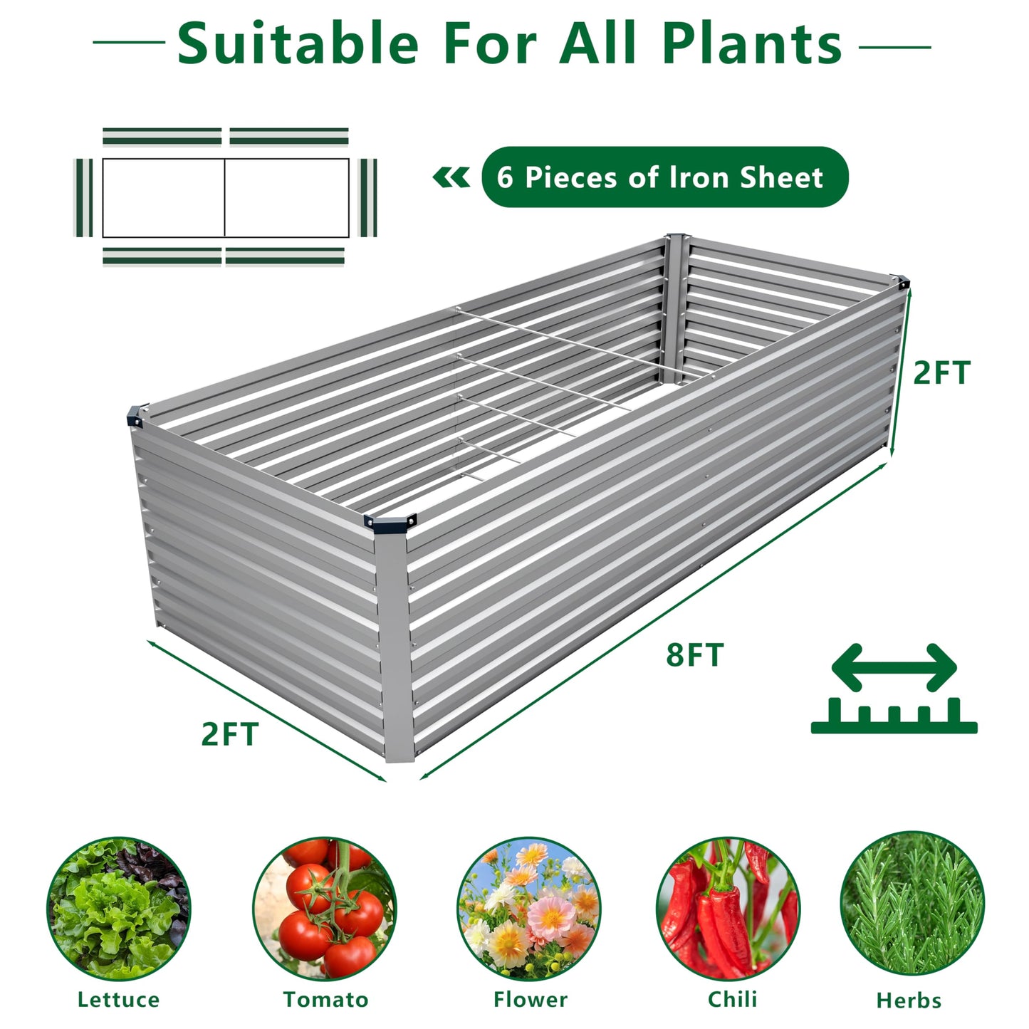 DIIYIV Galvanized Raised Garden Bed Kit Outdoor Patio,8x2x2ft Large Rectangular Metal Planter Boxes,Deep Root Box Planter for Gardening,Vegetables,Flowers,Herbs-Silver