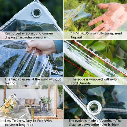 LC&QS Clear Tarps Heavy Duty PVC, Transparent Tarp Durable Waterproof Dustproof Windproof, Tarpaulin with Grommets & Ropes for Greenhouse, Patio, Garden, Pavilion, Chicken, Porch, Outdoor (10' x 12')