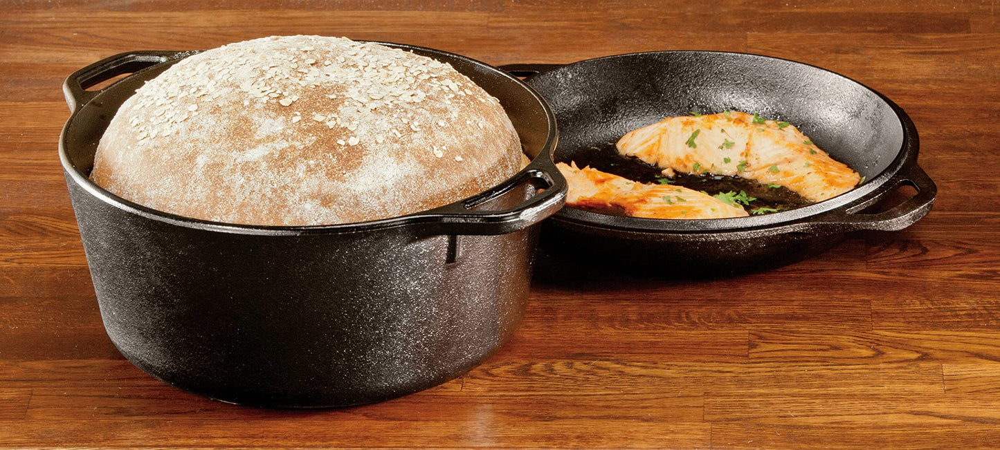 Lodge L8DD3 4.73 litre / 5 quart Pre-Seasoned Cast Iron Double Dutch Oven (with Loop Handles), Black