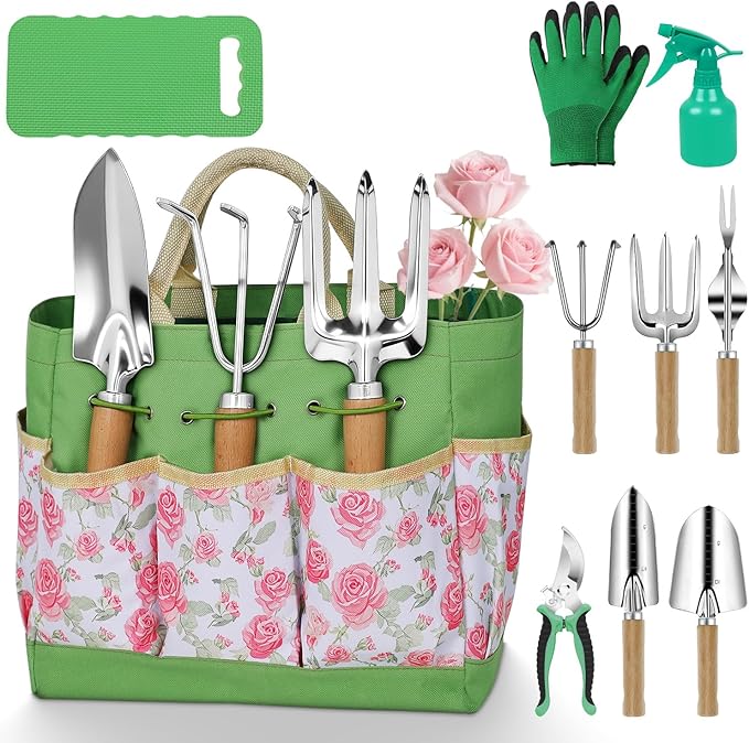 Garden Tool Set,10 Piece Garden Kit,Heavy Duty Stainless Steel Gardening Hand Tools with Durable Storage Tote,Rust-Proof Garden Tools,Gardening Gifts for Women Men Pink Floral Pattern Design