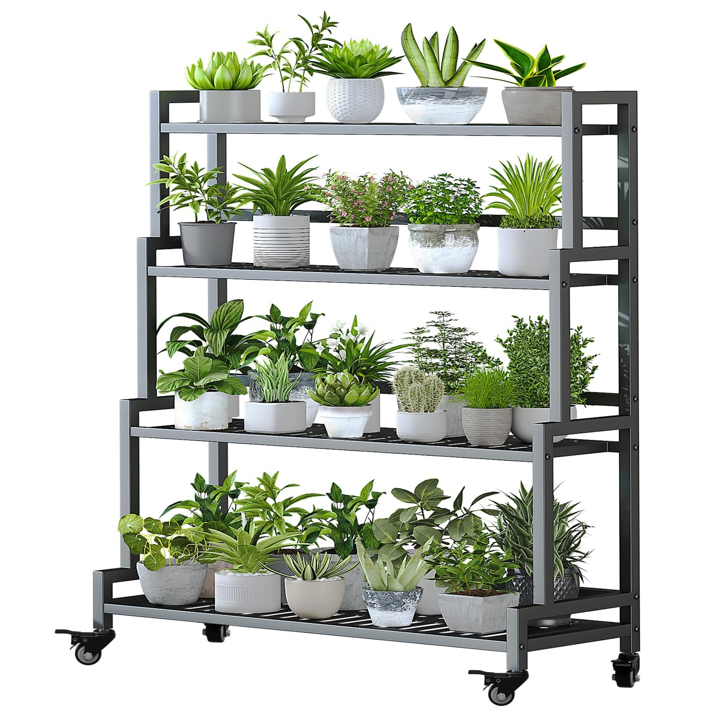 YIZAJIA Plant Stand Indoor 4 Tier Metal Outdoor Tiered Stands Shelf With wheel for Multiple Plants Potted Ladder Plant Holder Table Plant Pot Stand for Window Garden Balcony Living Room (4 Tier-Black)