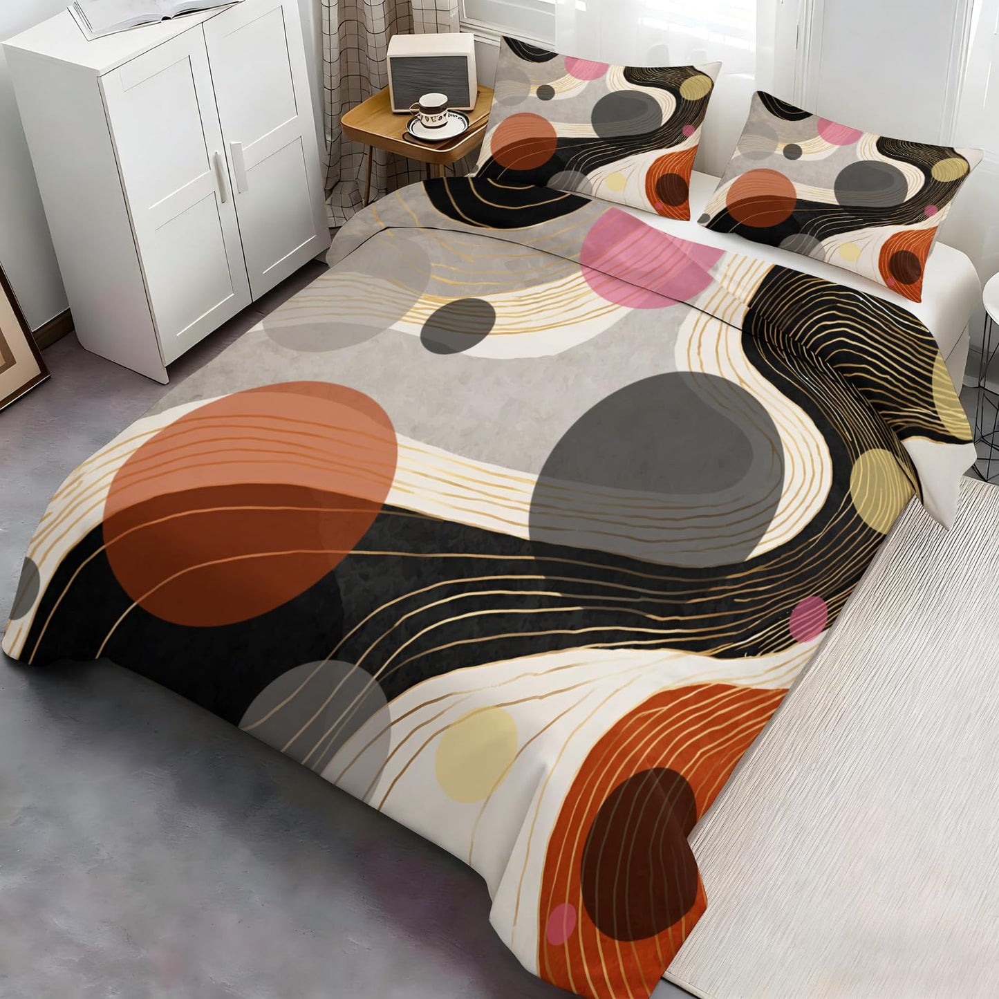 ZAOMIR Geometric Abstract Duvet Cover Twin Size for Teen Women Adult, Modern Geometric Line Bedding Set 3 Piece, Minimalist Mid Century Circle Patterned Comforter Cover with Zipper, 2 Pillowcases