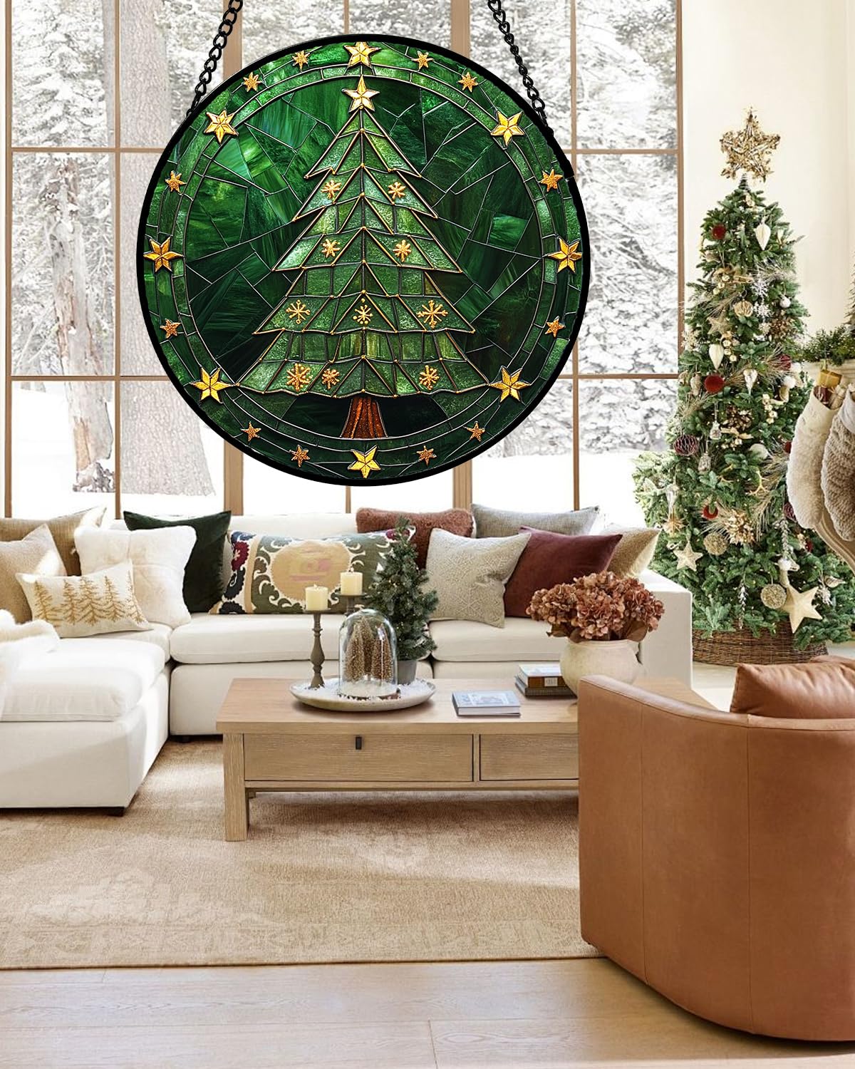 Stained Glass Window Hanging - Green Christmas Tree with Golden Stars Suncatcher for Doors Home Christmas Decoration Sun Catcher Thanksgiving New Year Birthday Gifts for Women Men Mom Nana 6.3 in