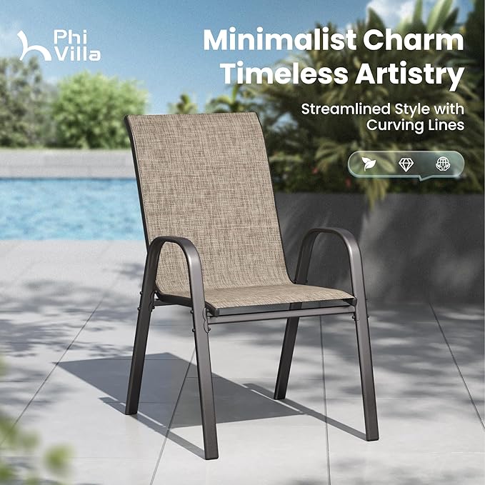 PHI VILLA Patio Chairs Set of 2, Outdoor Stackable Dining Chairs with E-Coating Metal Frame and Upgraded Textilene Fabric, All Weather Deck Chair 350 LBS Capacity for Porch Poolside Garden
