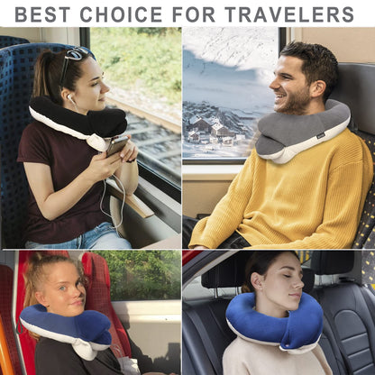 BUYUE Travel Neck Pillows for Airplanes, 360° Head Support Sleep for Long Flight, Skin-Friendly & Breathable, Kit with 3D Contoured Eye Mask, Earplugs and Storage Bag (Adult, Black, 100+ lbs)