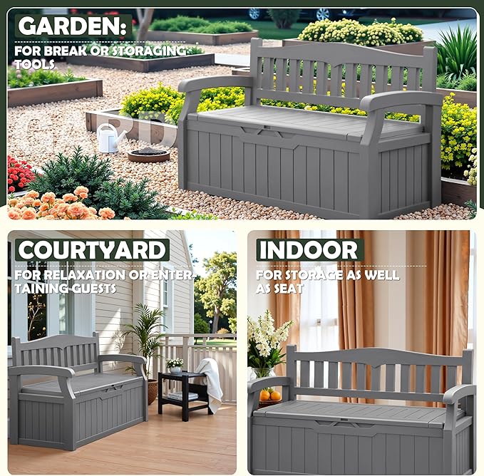 Flamaker 80 Gallon Storage Bench Outdoor Indoor, Durable All-Weather Seating with Hidden Storage, Lockable Deck Box for Garden, Patio, Poolside (Grey)