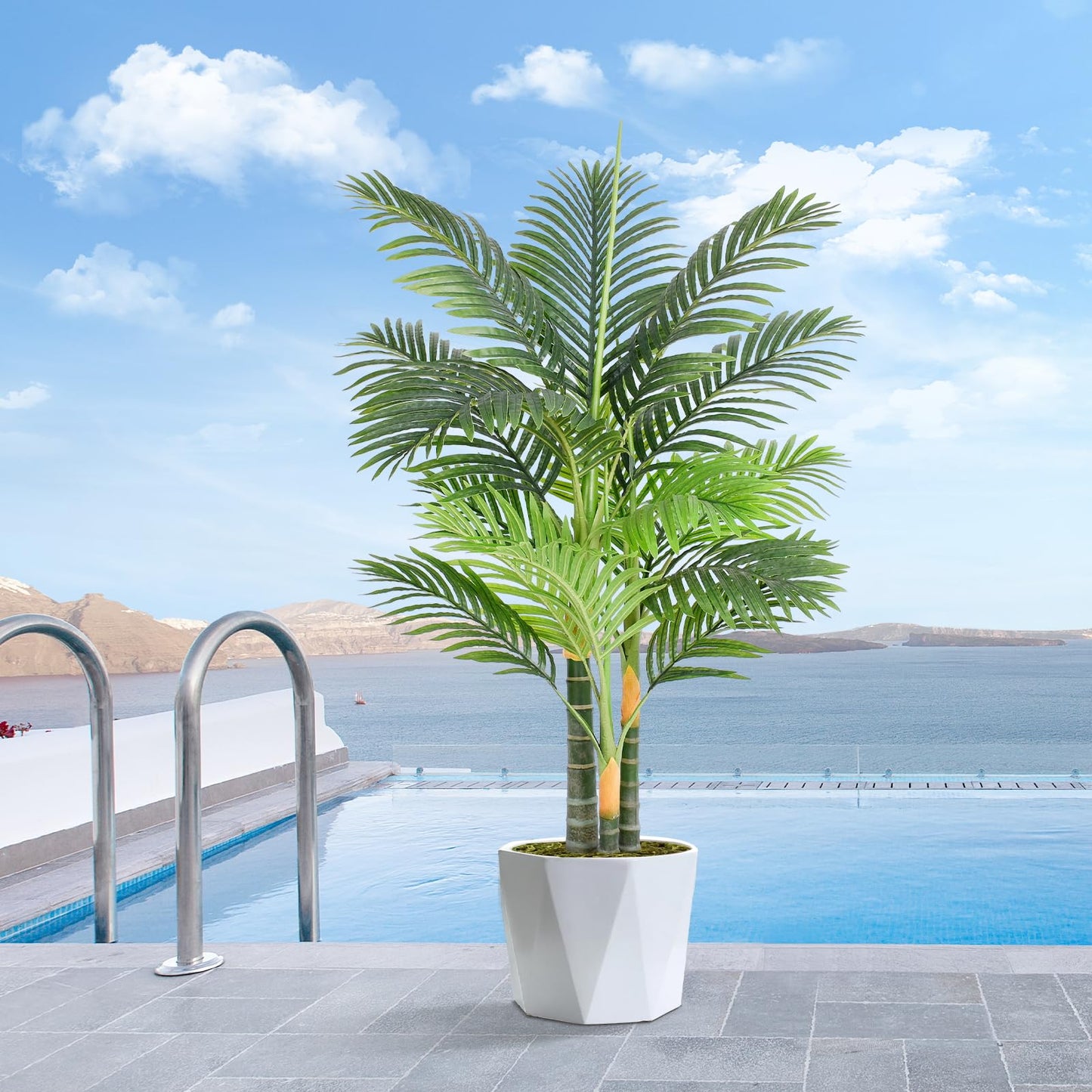 Keeplush 4ft Tall Triple Golden Cane Palm Artificial Tree Large Tropical Palm Tree UV Resistant Fake Plant in Pot for Indoor Outdoor Big House Living Room Outside Patio Office Home Decor 1Pack
