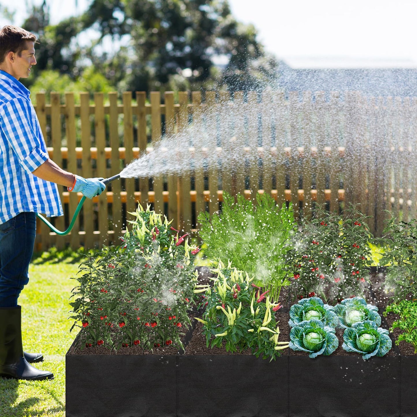 Hlimior 58 Gallon Fabric Raised Garden Bed, 4x1x1ft Large Garden Grow Bag Outdoor 8 Grids Planter Box Felt Planting Container for Growing Tomatoes Potatoes Plants Flowers, Black(1, Medium)