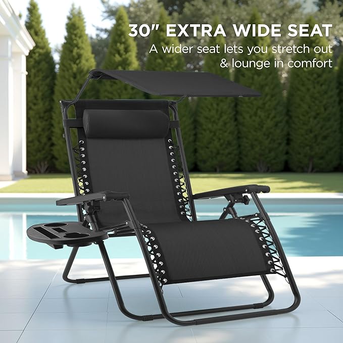 Best Choice Products 30” Wide Folding Zero Gravity Outdoor Recliner Patio Lounge Chair w/Adjustable Canopy Shade, Headrest, Side Accessory Tray - Black