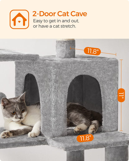 Feandrea Cat Tree, 143 cm Multi-Level Plush Cat Condo with 4 Scratching Posts, 2 Perches, Cave, Hammock, Pompoms, Light Grey
