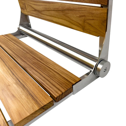 Teak Shower Seat Bench with Back - Wall Mounted Fold Up Shower Seat, Waterproof Folding Teak Bath Chair for Seniors, 304 Stainless Steel, with 300 lbs Capacity - 24" Length, Brushed Stainless Finish