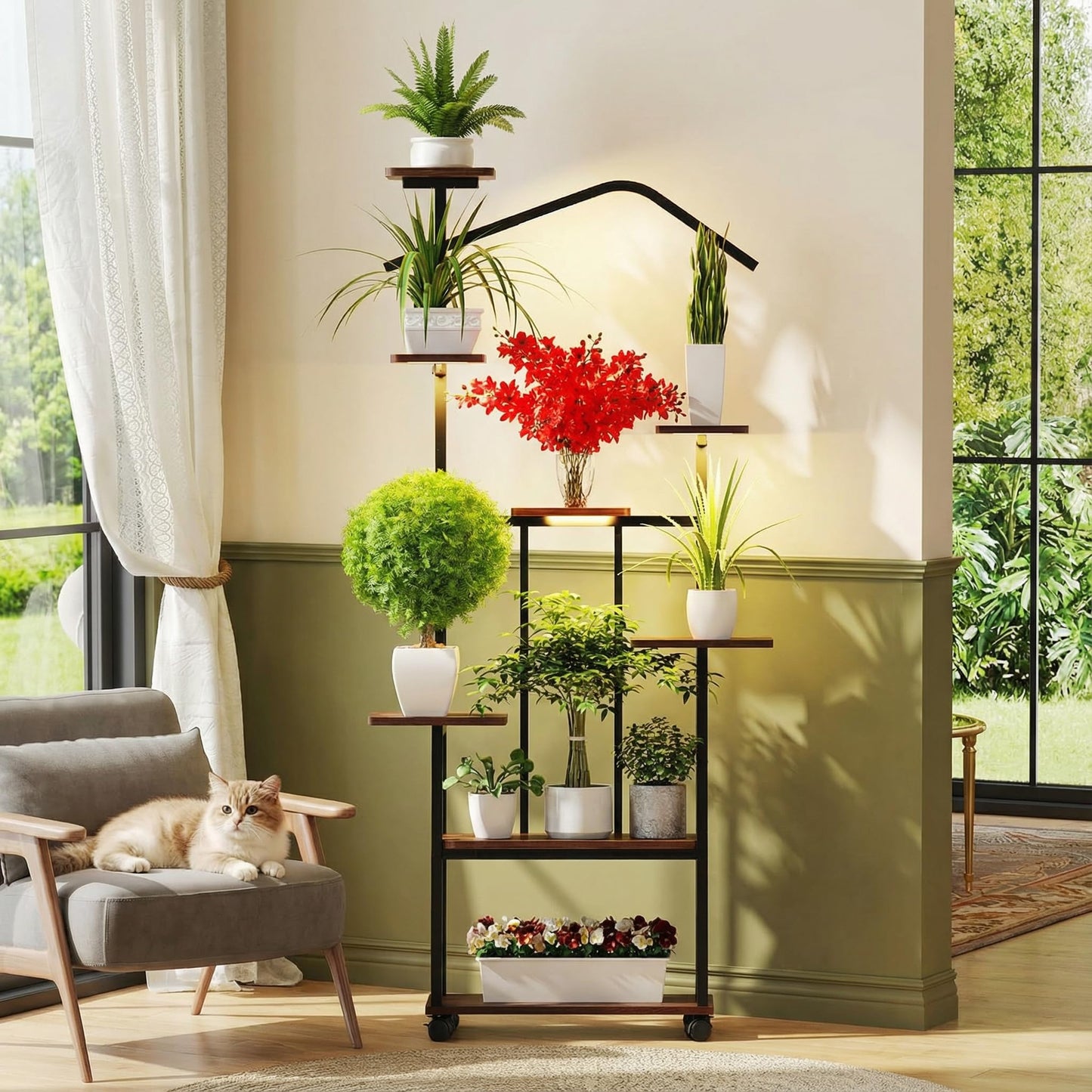 Zelvia 8-Tier Corner Plant Stand with Grow Lights – 65" Tall Metal Indoor Plant Shelf, Multi-Level Display for Plants & Flowers, Ideal for Bedroom Living Room Patio (with Roller)