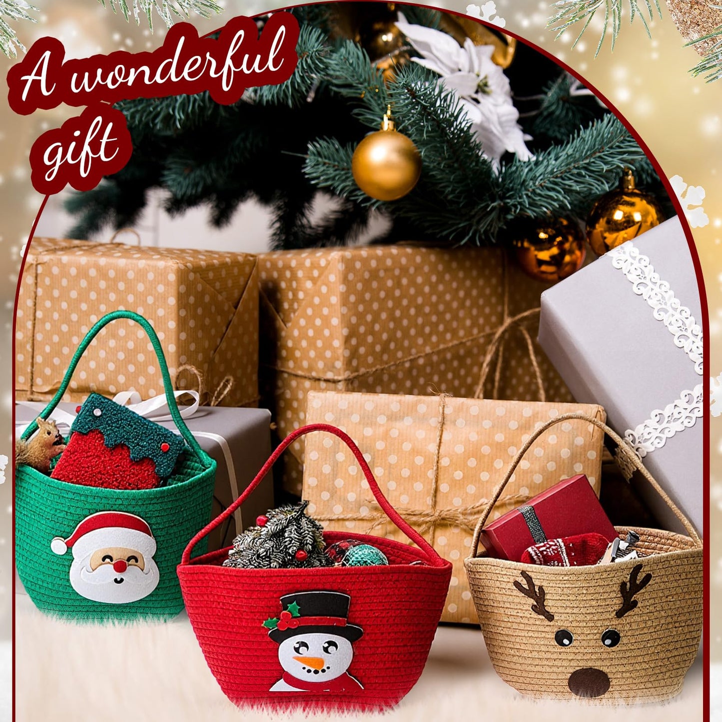 Sliner 4 pcs Christmas Woven Basket Empty for Gifts Woven Cotton Rope Basket with Christmas Xmas Decoration Storage with Handle for Baby Showers Snack Storage Xmas Decor Party Supplies Gifts