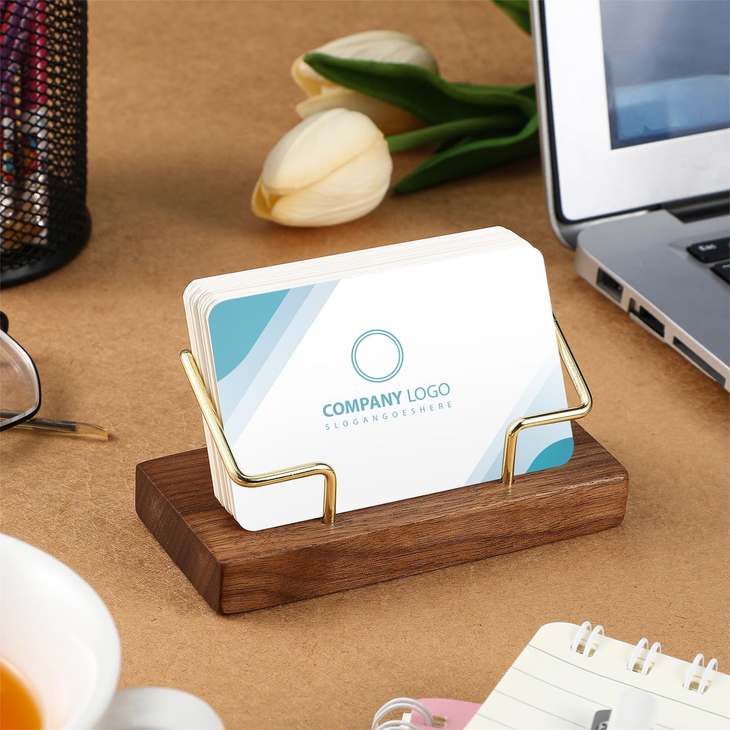 Amyhill 4 Pcs Wood Business Card Holder Display for Desk Metal Wooden Name Card Organizer Business Display Holders for Women Men Office Home Decoration(Gold)