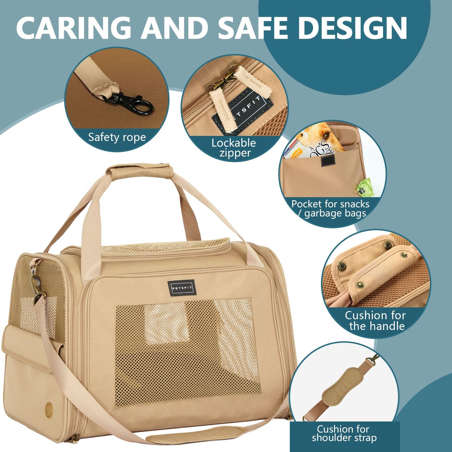 Petsfit Large Cat Carrier, Lightweight Travel Use Pet Carrier for Small Dogs and Cat, Dog Carriers with Expandable mat, Upgraded Large Space Soft Sided Pet Travel Carrier, Khaki