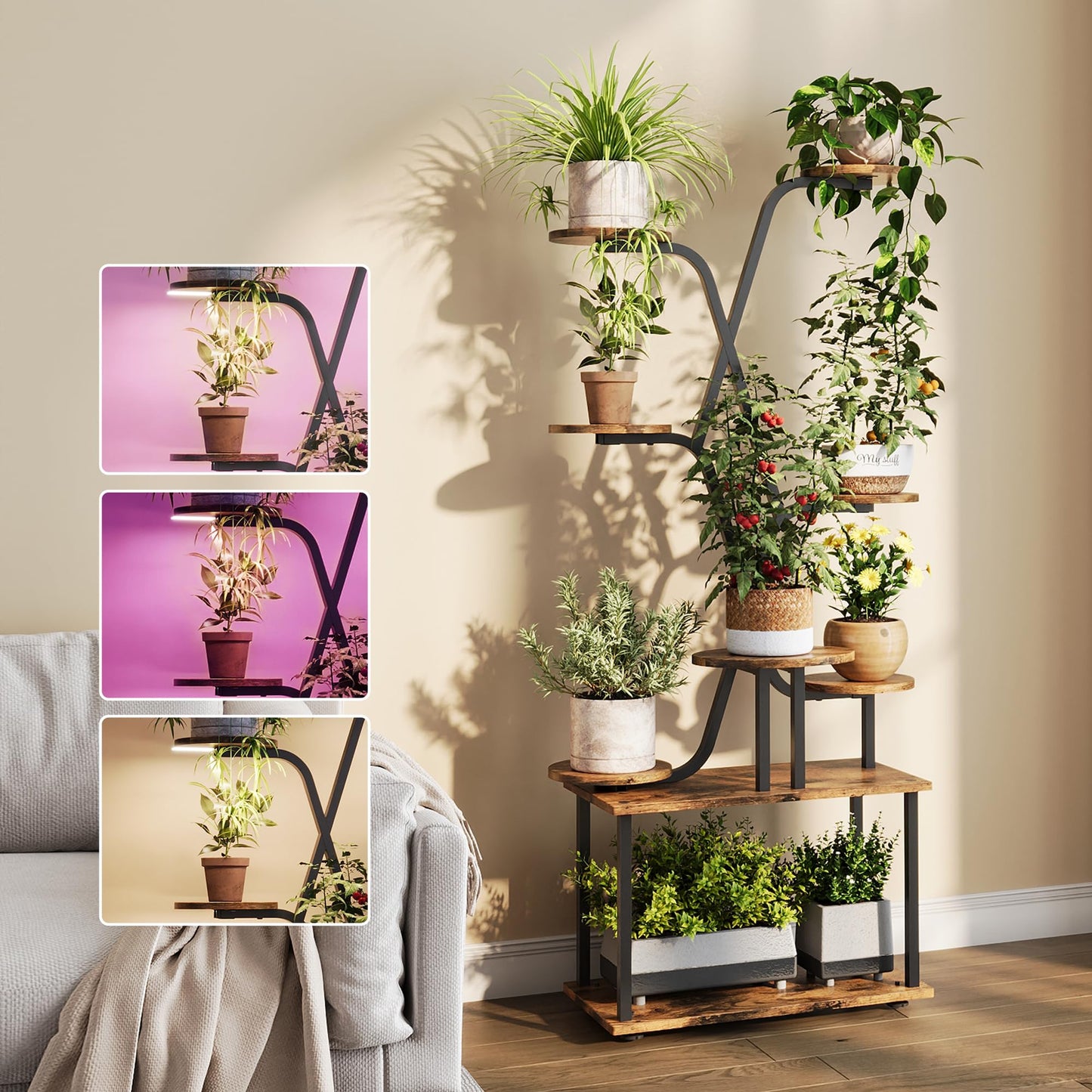 DIOOSN Tall Plant Stand, 9-Tier Tiered Indoor Plant Stand Multiple Shelves, Stable Plant Stand Indoor with Grow Lights for Home, Office, Balcony & Patio