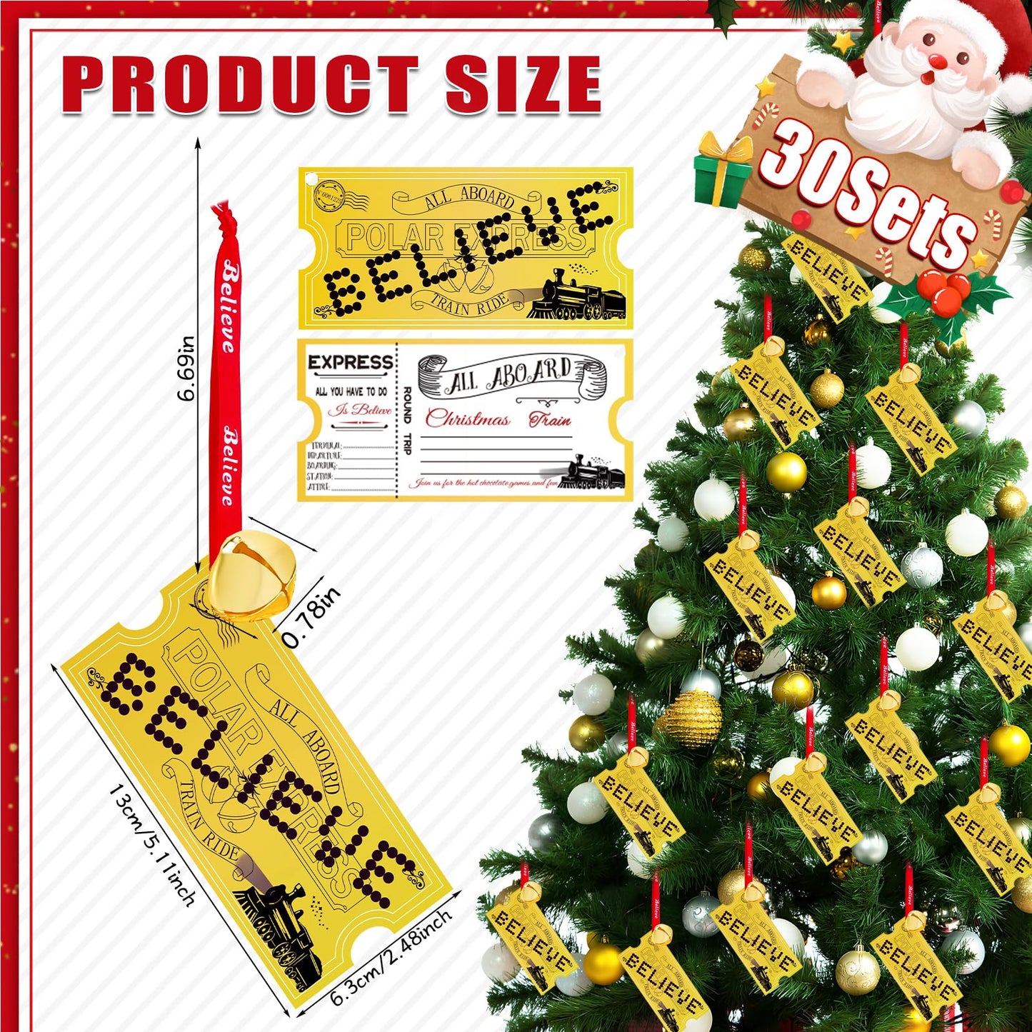 30 Pack Christmas Polar Golden Tickets Ornaments Bulk Polar Express Ticket Bell Set with Believe Bells Christmas Decorations for Polar Party Favors Xmas Gifts Holiday Decor
