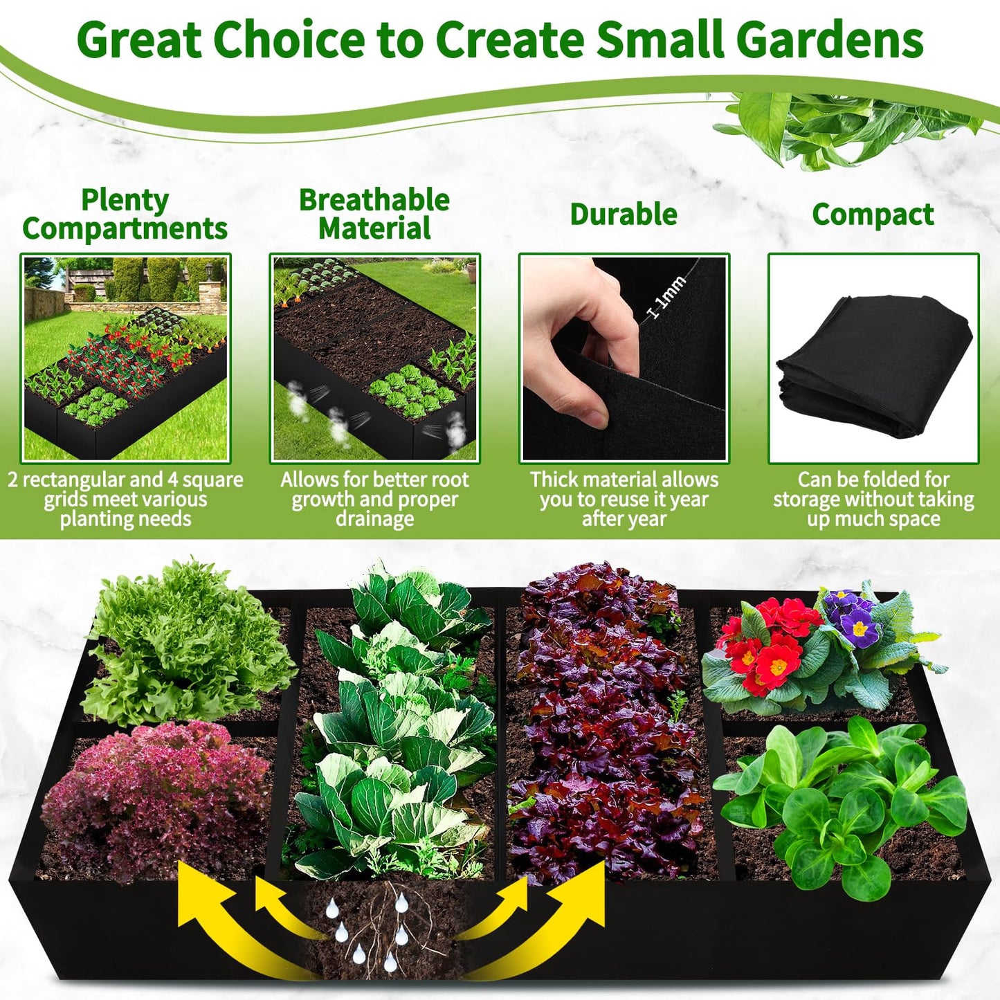 Fabric Raised Garden Bed, Large Garden Grow Bags Rectangle Breathable Planting Containers with 4 Grids Reusable Heavy Pot Garden Tools for Vegetables Flowers Plants (6ft x3ft x1ft, 128 Gallon Vol.)