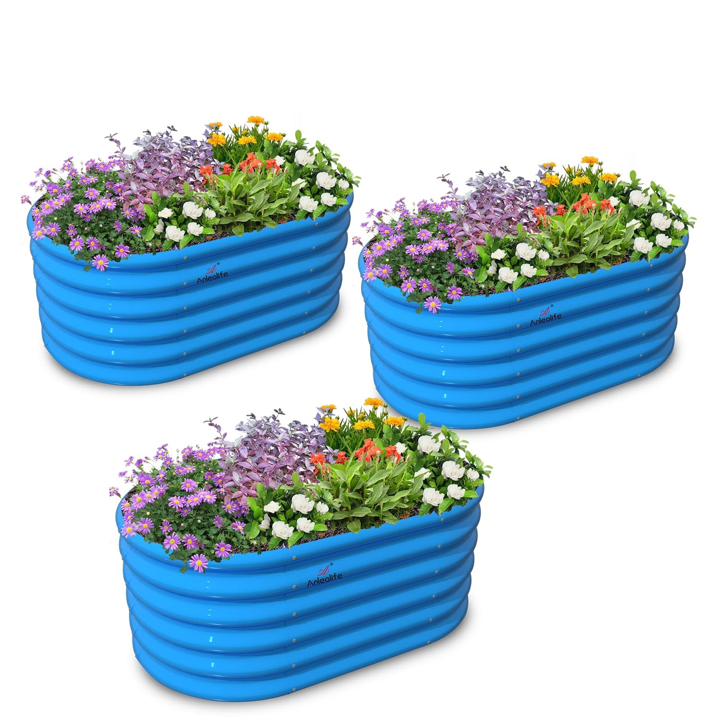 A ANLEOLIFE Kids Mini Raised Garden Beds Outdoor (3-Pack)-40x24x18in Oval Round Galvanized Metal Planter Box for Planting Vegetables, Flowers, Fruits, Eco-Safe & Easy Setup, Sky Blue