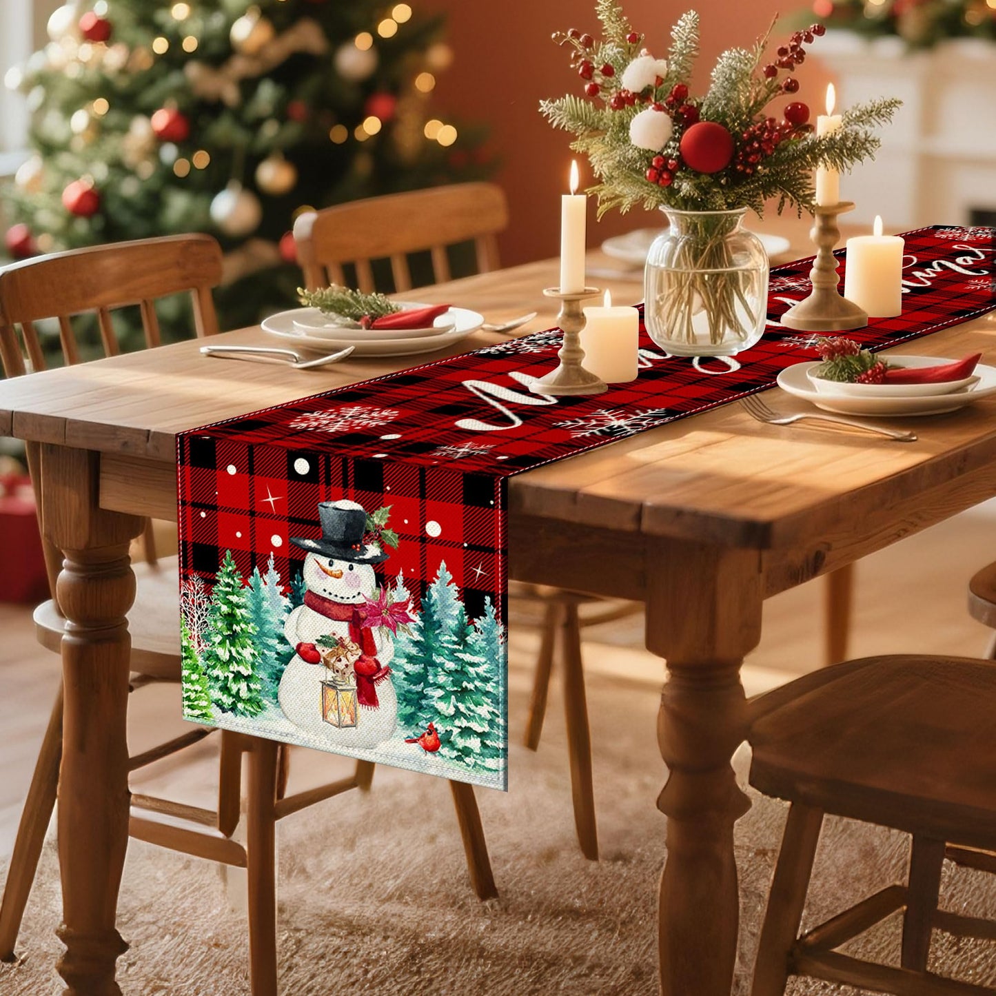 pinata Christmas Table Runner, Christmas Runner for Table 72 Inches, Xmas Snowman Red Buffalo Plaid Runners for Home Dining Kitchen Decor