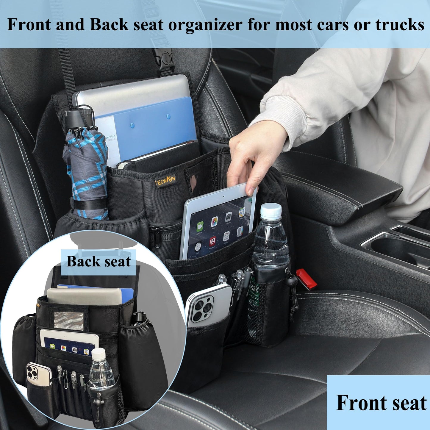 ECWKVN Car Front Seat Organiser -Car File Patrol Bag,Heavy Duty Passenger Tidy Backseat Organiser-Vehicle Storage Bag with 10 Multi Pockets for Laptops Tablet Cup Holder,Black