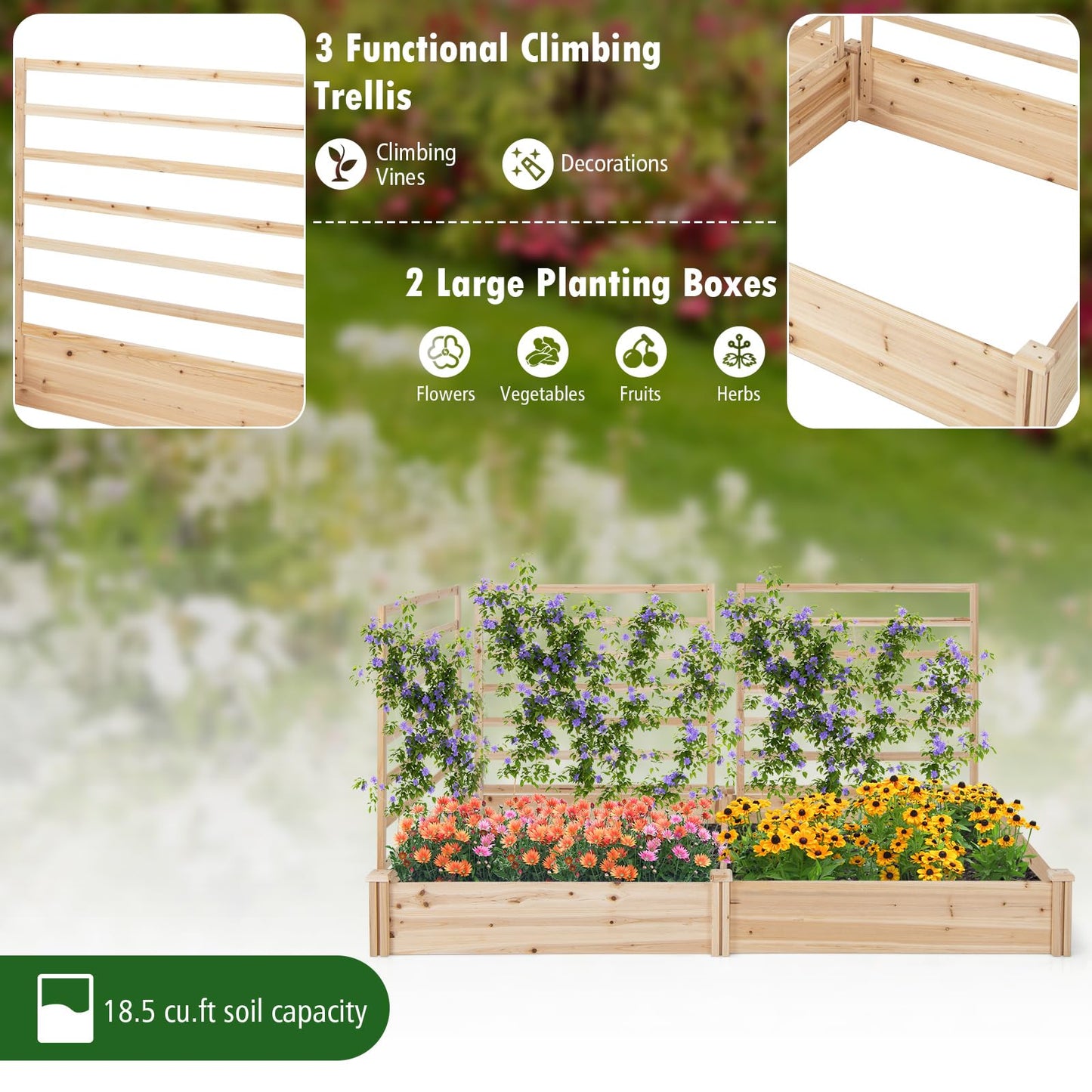S AFSTAR Raised Garden Bed with 3 Trellis & 2 Planter Boxes, Outdoor Wooden 88" L x 45" W x 43" H Planter Box Kit for Flower Herb Vegetable Fruit Climbing Vines, Gardening Planter for Garden Patio