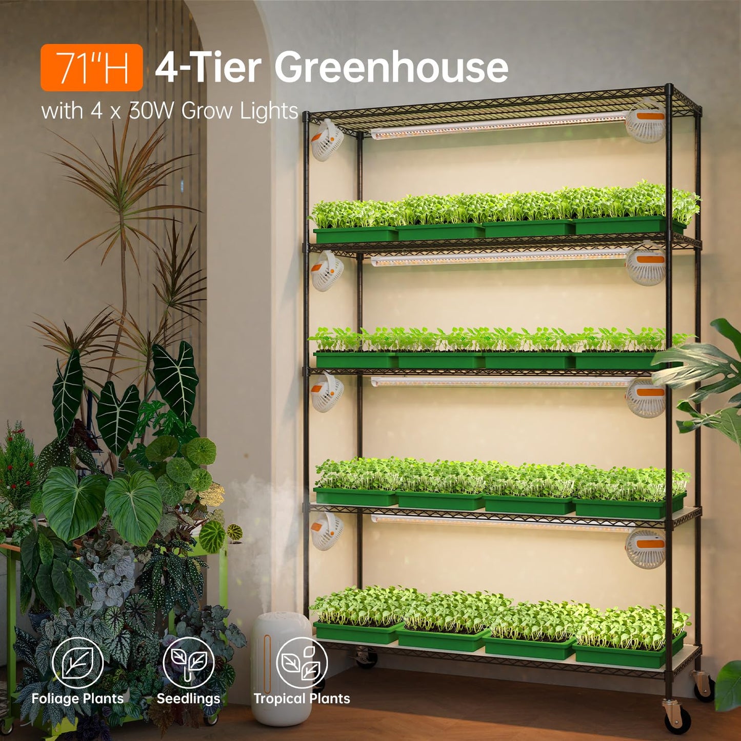 Bstrip Plant Shelf with Grow Light, 5 Tier Large Tall Plant Stand with 3FT T8 120W Grow Light for Indoor Plants, Full Spectrum LED Plant Light with Wheel for Seedling, (47.2" Lx17.8 Wx71 H)
