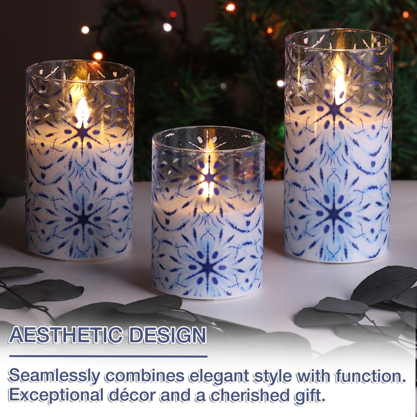 Eywamage Blue Snowflakes Glass Flameless Candles with Remote, Christmas LED Pillar Candles Battery Operated Flickering Set of 3