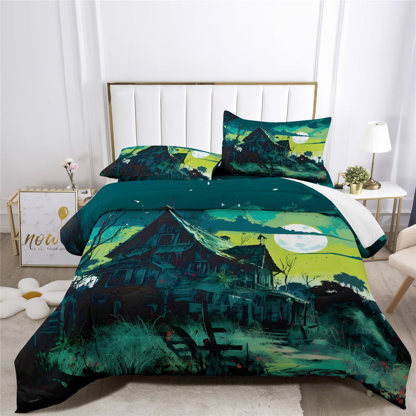 Halloween Ghost Haunted House Design Comforter Set | Horror Festive Night Spooky Manor Prints Bedding Set | with Soft Comforter+2 Pillow Shams(3PCS) or Sheet (4PCS) (B,Full-3PCS)