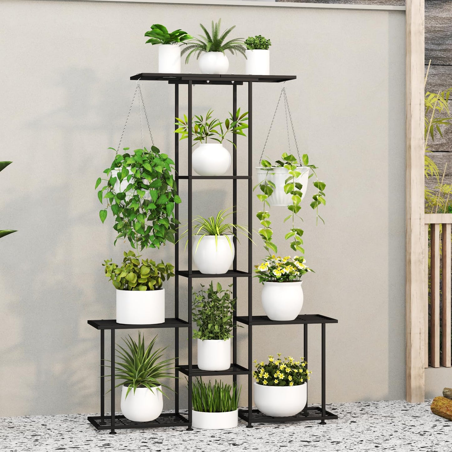 YUJCHMTZN Plant Stand Indoor Outdoor, Metal 6 Tier Tall Hanging Plant Shelf for Multiple Flower Planter Large Heavy Duty Ladder Plant Holder for Garden, Black (y-201)