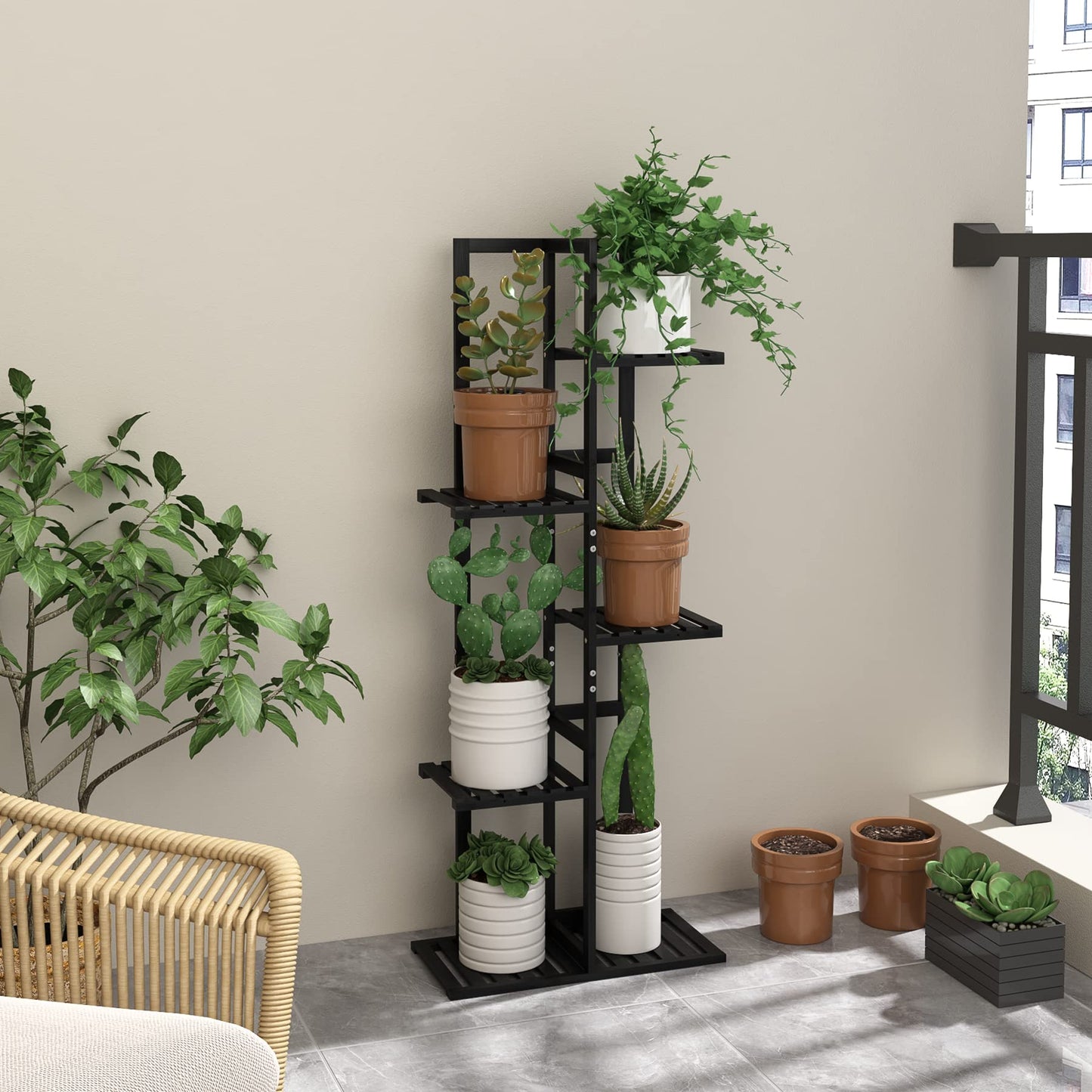 Laiensia 5 Tier Bamboo Plant Stand Rack 6 Potted Multiple Flower Pot Holder Shelf, Indoor&Outdoor Planter Display Shelves for Patio Garden, Living Room, Corner Balcony and Bedroom,Black