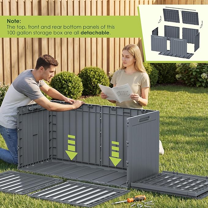 Devoko 100 Gallon Outdoor Storage Box, Waterproof Resin Deck Box for Patio Furniture, Lockable Container for Garden Cushions & Pool Supplies (Gray, 100 Gallon)
