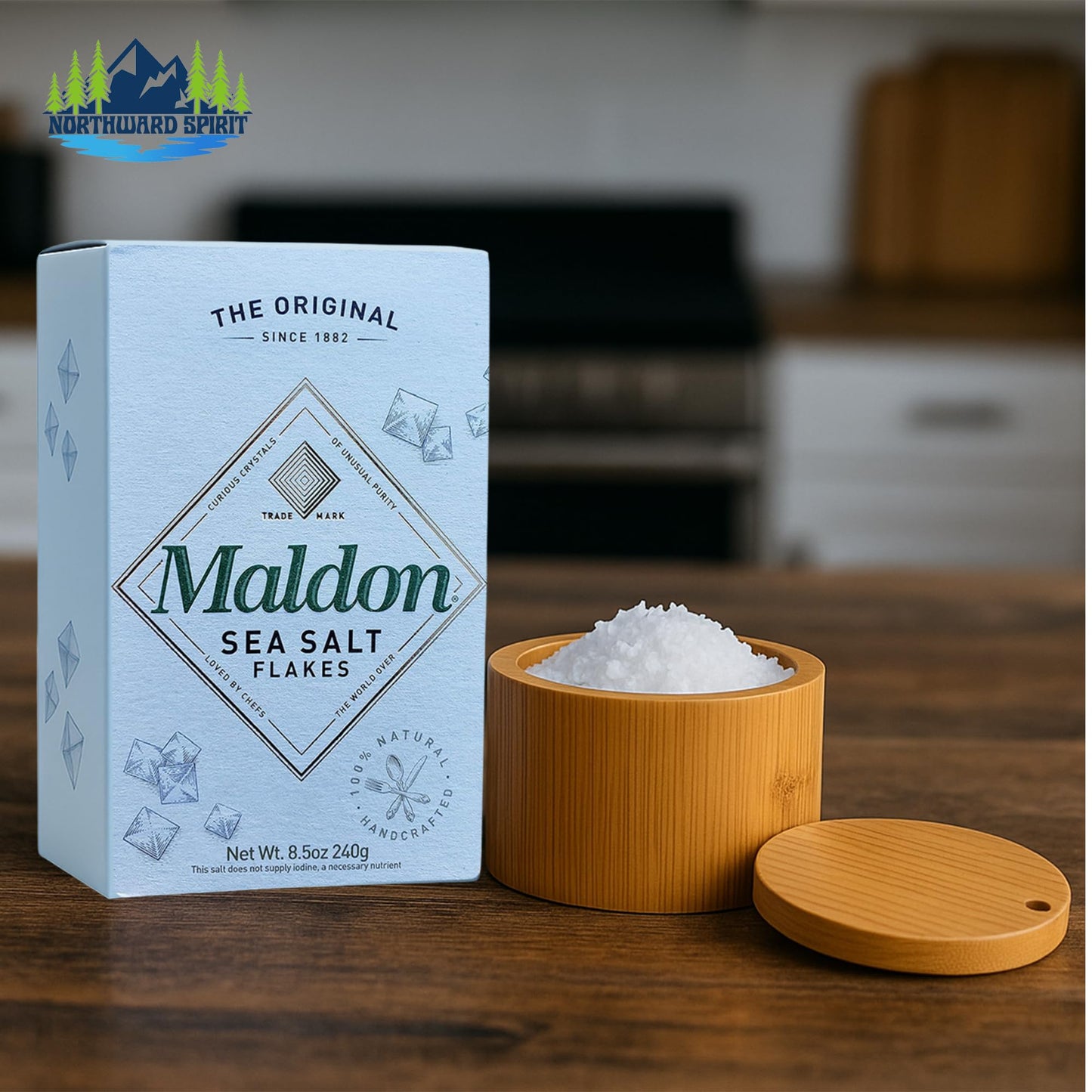 NORTHWARD SPIRIT Bamboo Salt Box Cellar Canister Gift Set With Maldon Sea Salt Flakes 8.5 Oz Box - Great For Salts, Spices, Seasonings In Your Gourmet Kitchen