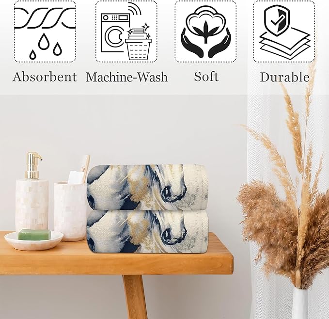 Golden Horse Oil Painting Kitchen Hand Towel Set of 2, Abstract Art Painting