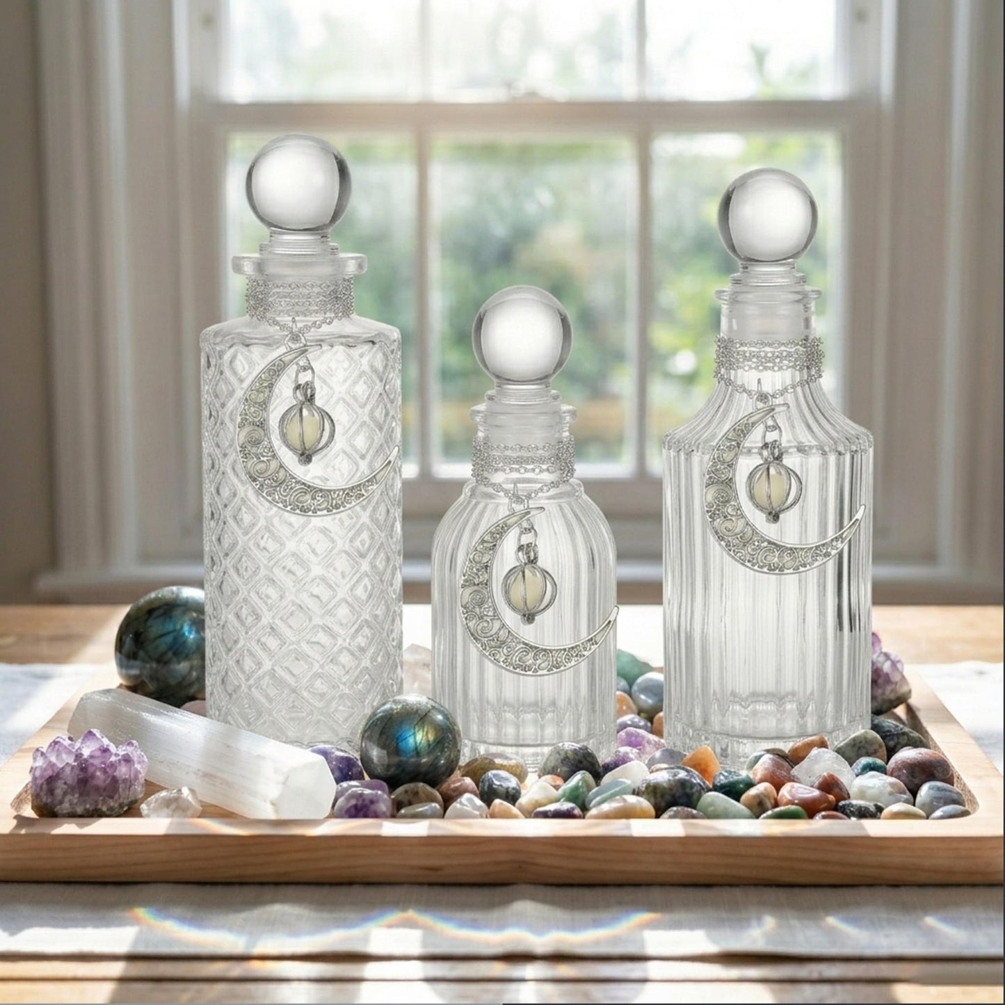 Moon Energy Glass Bottle Set with 3 Luminous Moon Pattern Necklace, Airtight Glass Jars for Crystal Cleansing, Rituals & Altar Decor Meditation Witchcraft with Leak-Proof Silicone Stopper