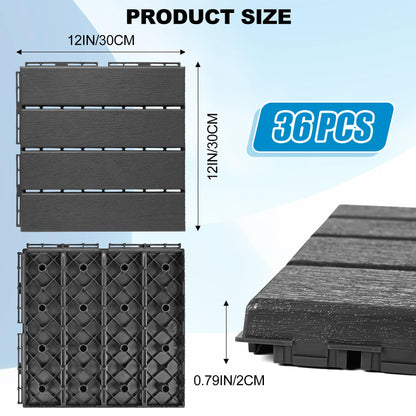 ToLanbbt Plastic Interlocking Deck Tiles 36 Pack 12"x12" Waterproof Indoor Outdoor Composite Patio Flooring Decking Tiles All Weather Use for Patio Porch Balcony Backyard Poolside, Dark Grey