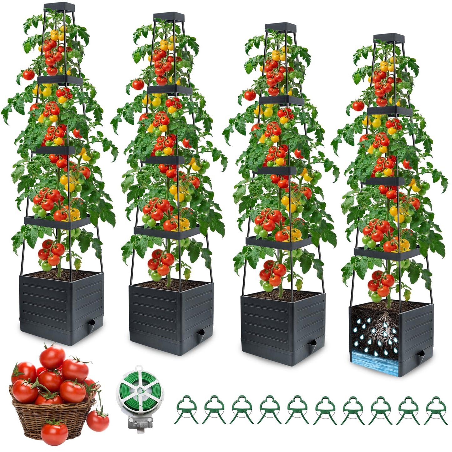 MQFORU 4Pack Raised Garden Bed Planter Boxes with Trellis, 57" Self-Watering Tomato Planter Boxes with Trellis for Climbing Vegetable and Plants, Tomato Cage for Indoor Outdoor Use