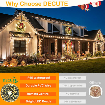 Decute 300LED Christmas String Lights Outdoor Waterproof 105FT UL Certified with End-to-End Plug 8 Modes, Warm White Indoor Starry Fairy Lights for Christmas Tree Patio Garden Wedding Party Decor