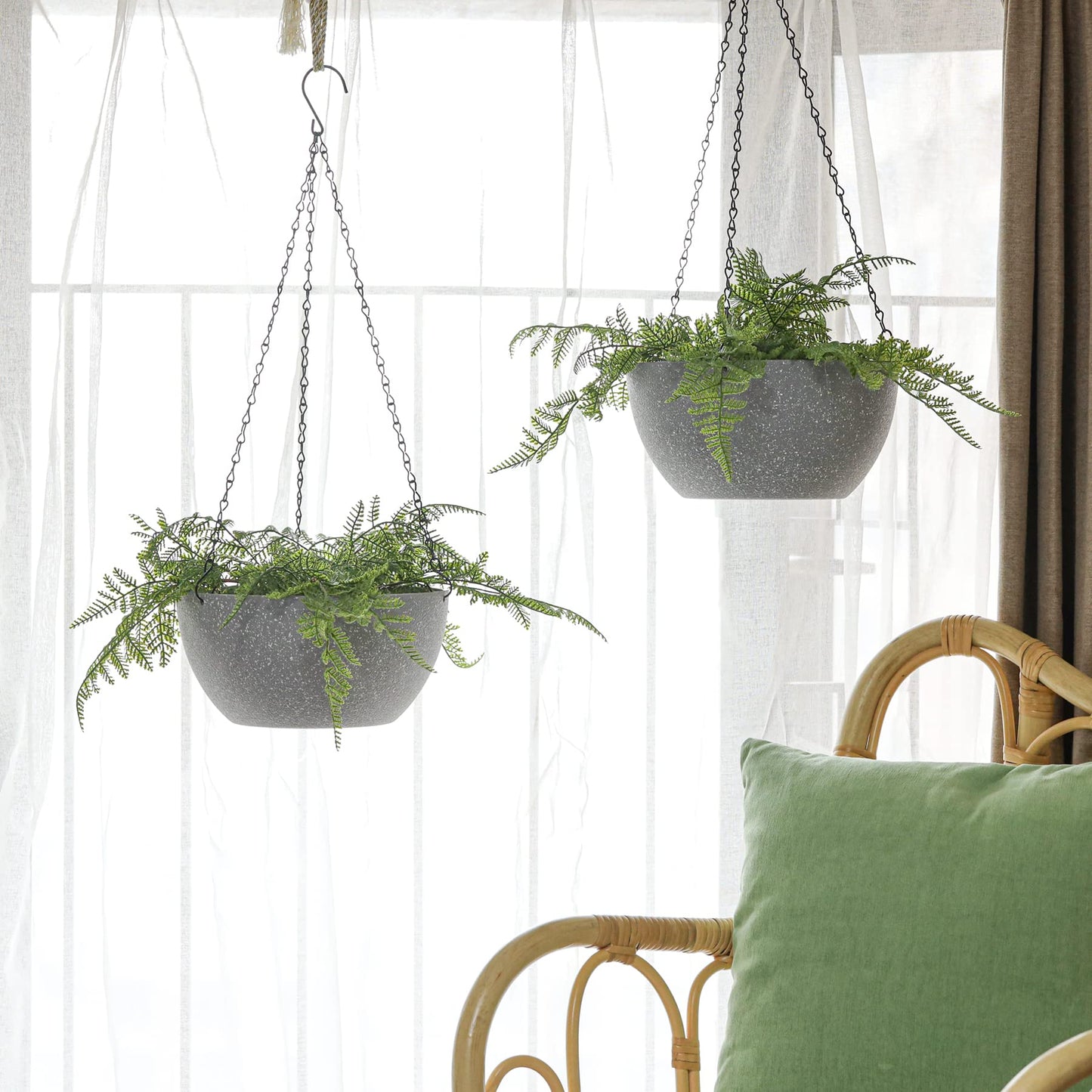 T4U Hanging Planters for Indoor Outdoor Plants 2 Pack - 12 Inch Grey Hanging Plant Basket with Drainage Hole, Round Hanging Flower Plant Pot for Garden Home Decor(Grey)