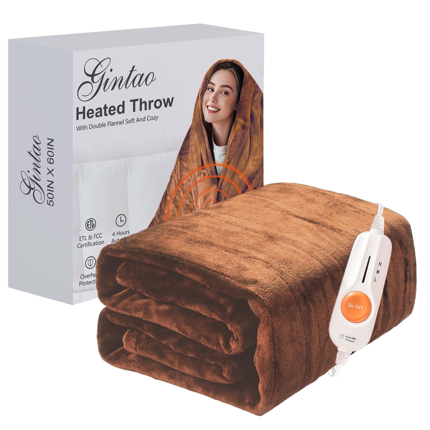 Gintao Electric Heated Blanket Throw,Double Flannel Electric Throw with 3 Heating Levels,ETL&FCC Certified, 4H Auto Off Overheat Protection,Heating Blanket for Home Office,Gifts,50"x60",Gray