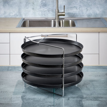 Grizzly Pizza Baking Set, 5-Piece Set, with Lockable Stand and 4X Pizza Tray Round 28 cm, Pizza Rack for Oven, Bake 4 Pizzas at The Same time