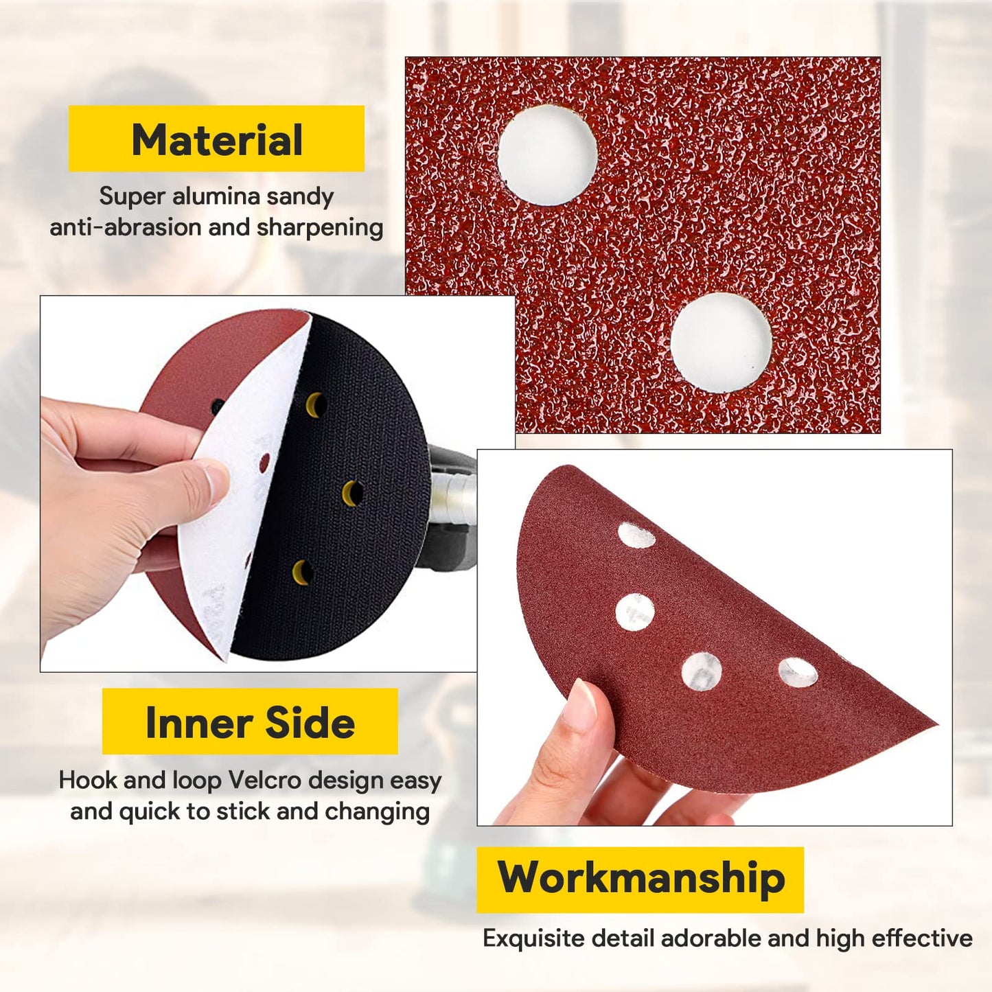 60Pcs Sanding Discs Pads, AUGOLA Hook and Loop 40 60 80 100 120 150 180 240 320 400 Mixed Grits 125mm Sandpaper Sheet for Random Orbital Sander, 8-Holes