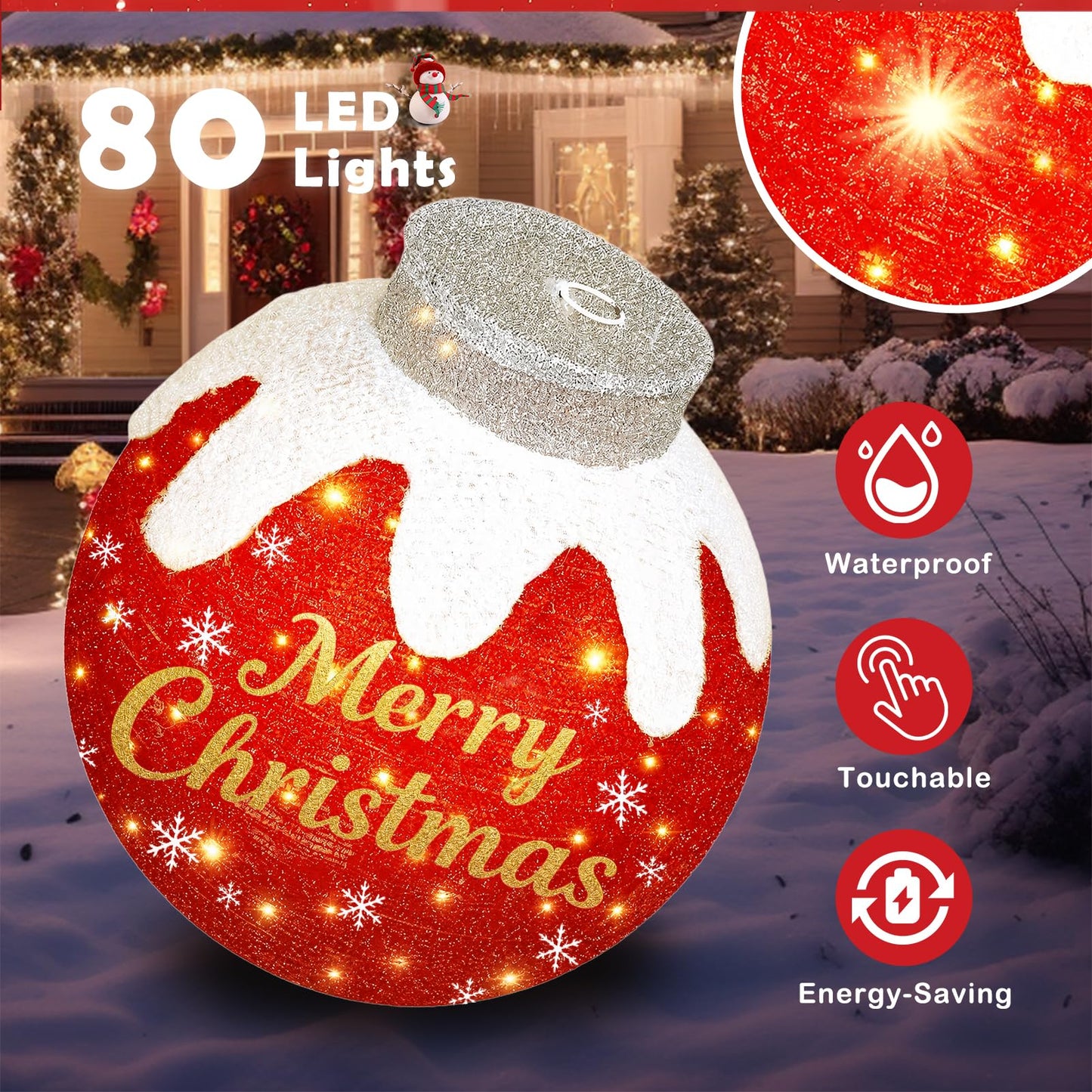 Outdoor Christmas Ball Ornaments, Collapsible Pop-Up Lighted Christmas Decorations with 80 Bright LED Lights, 8 Light Modes, Weatherproof Pre Lit Large Holiday Ball Decor for Yard, Lawn, Home（Red）