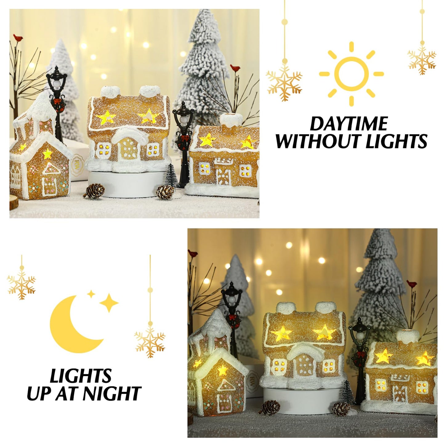 GlikCeil 17pcs LED Christmas Gingerbread Village Sets 3 Ceramic Gingerbread Houses Decor 2 Birch Trees 10 Pine Trees 2 Streetlight Christmas Figurines for Mantel Tabletop Shelf Decor