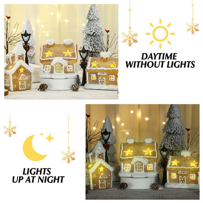 GlikCeil 17pcs LED Christmas Gingerbread Village Sets 3 Ceramic Gingerbread Houses Decor 2 Birch Trees 10 Pine Trees 2 Streetlight Christmas Figurines for Mantel Tabletop Shelf Decor