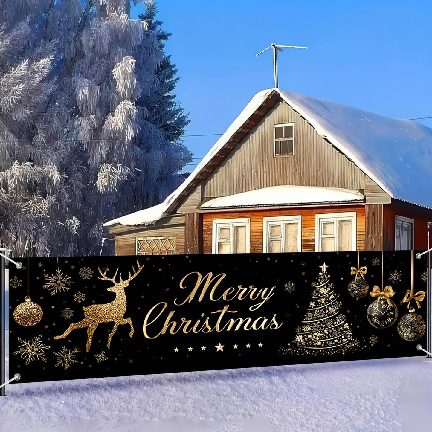 HOMETITUTE Large Merry Christmas Banner 118x35 Inch Black Gold Christmas Banner with Reindeer Tree and Ornaments for Holiday Party Wall Yard Garden Indoor Decoration Backdrop Display