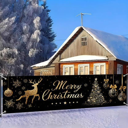 HOMETITUTE Large Merry Christmas Banner 118x35 Inch Black Gold Christmas Banner with Reindeer Tree and Ornaments for Holiday Party Wall Yard Garden Indoor Decoration Backdrop Display