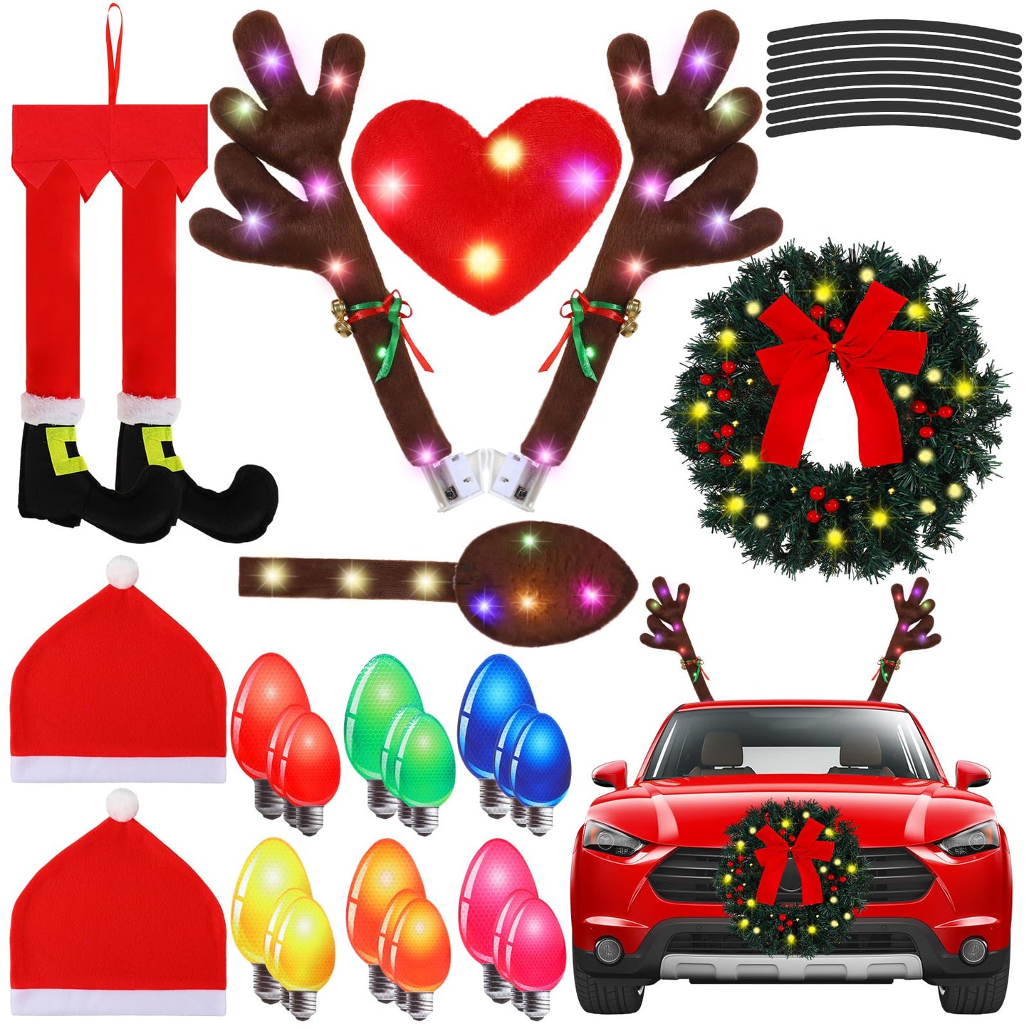 Datanly 34 Pcs Christmas Reindeer Antlers Car Kit Including Christmas Garland with Light String Antlers Nose Tail with LED Light Hanging Santa Legs Magnetic Decals Headrest Cover for Car Truck