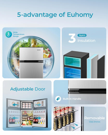 EUHOMY Mini Fridge with Freezer, 3.2 Cu.Ft Mini Refrigerator fridge, 2 door For Bedroom/Dorm/Office/Apartment - Food Storage or Cooling drinks, Silver