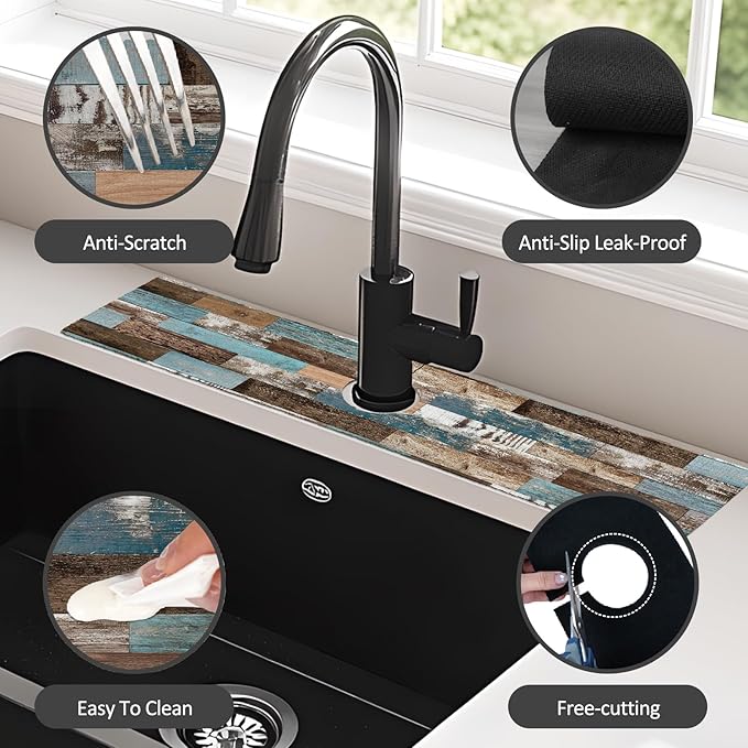 2PCS 24" X 5.5" Kitchen Sink Splash Guard Faucet Mat Wood Grain Super Absorbent